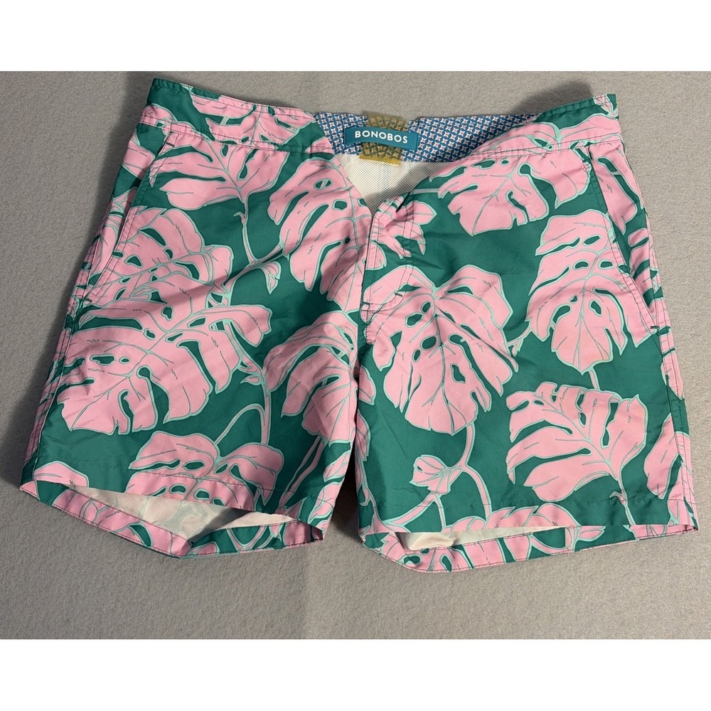 Bonobos Mens 34 Swim Trunks Pink Teal Monstera Tropical Leaf Print 5 Inch Inseam